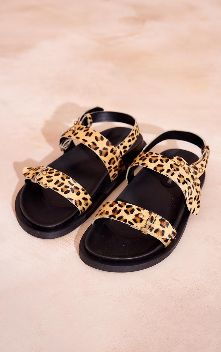 Leopard Print Leather Round Toe Footbed Sandals Product Image