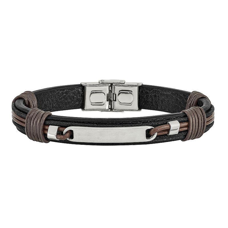 Mens Stainless Steel Black & Brown Leather Bracelet Multicolor Product Image