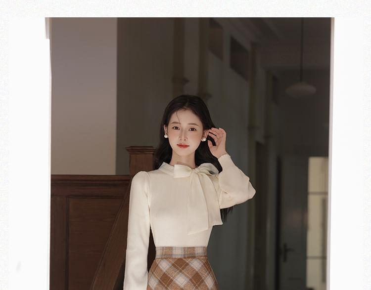 Set: Long-Sleeve Ribbon Neck Plain Top + High Rise Plaid Midi A-Line Skirt Product Image