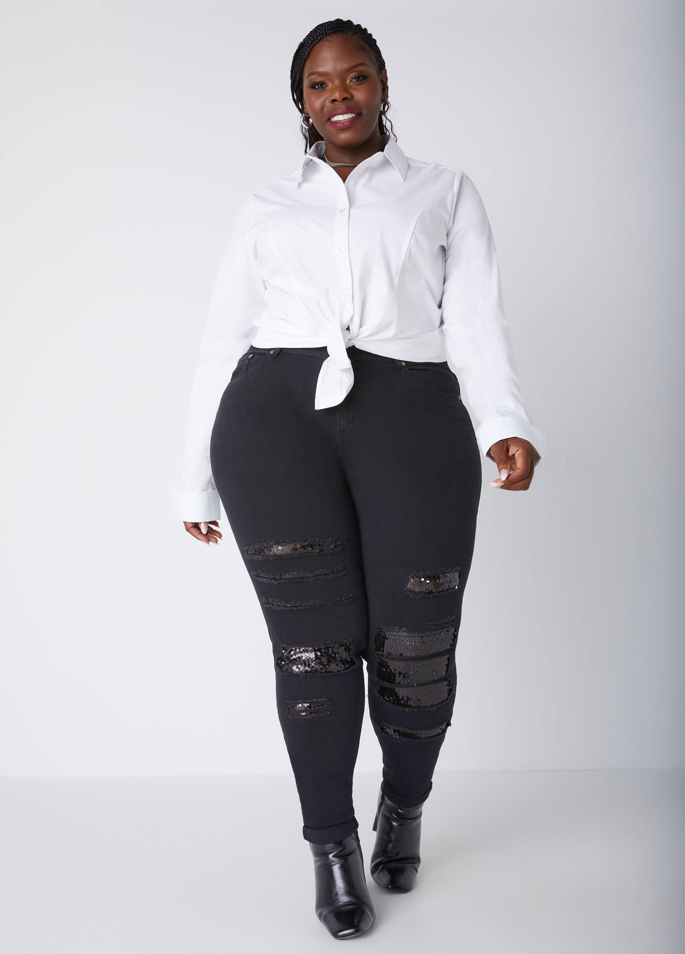 Plus Size High Rise Sequined Skinny Jeans Ashley Stewart Product Image