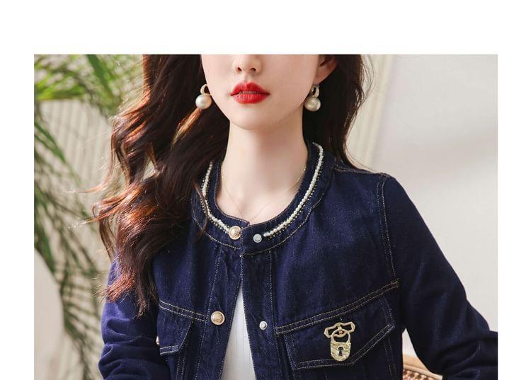 Faux Pearl Button-Up Denim Jacket Product Image