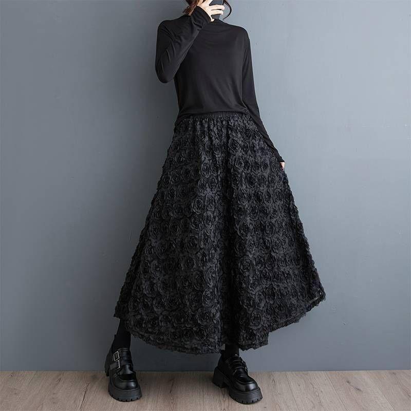 Elastic Waist Plain Midi A-Line Skirt Product Image