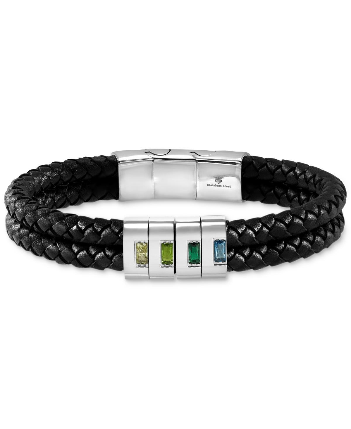 Blackjack Mens Cubic Zirconia Double Strand Leather Bracelet in Stainless Steel - Green Product Image