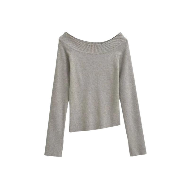 Long Sleeve Boat Neck Plain Asymmetrical Knit Top Product Image