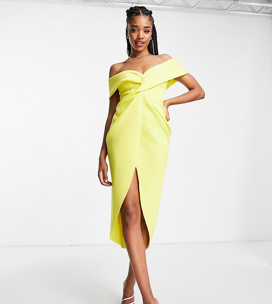 ASOS DESIGN Tall off shoulder twist front wrap midi pencil dress in lemon Product Image