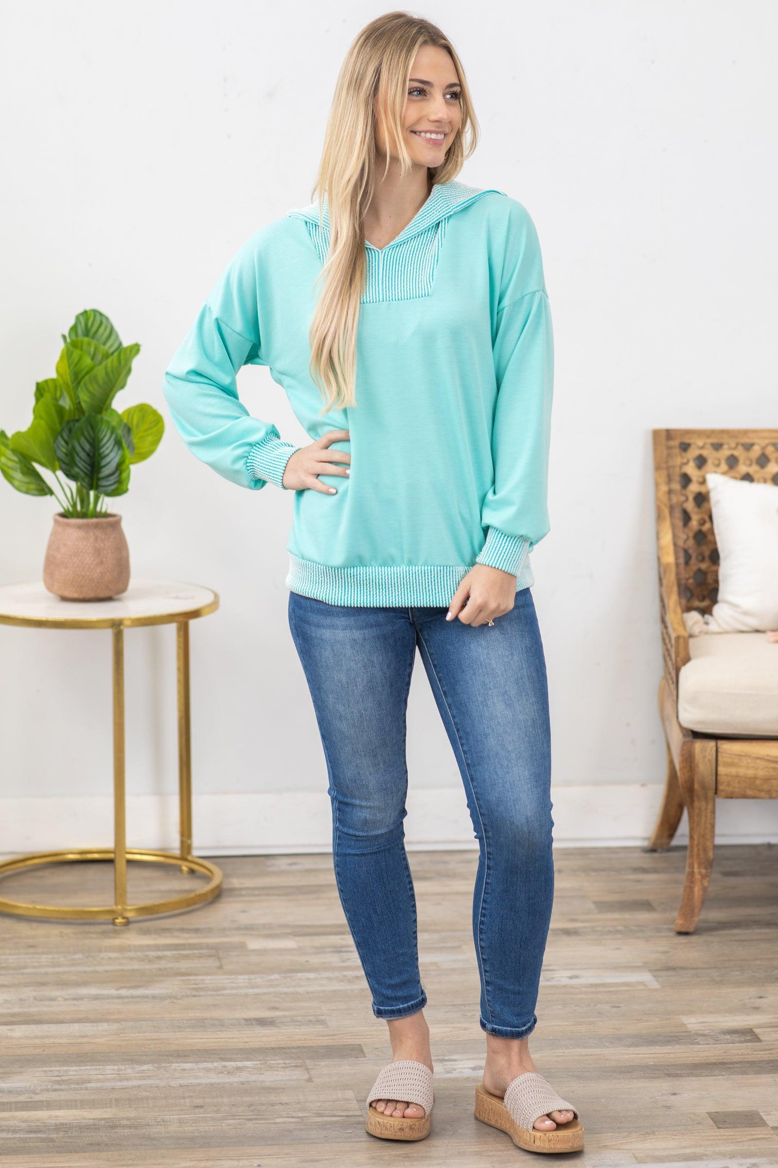 Turquoise Long Sleeve Rib Detail Knit Top Product Image