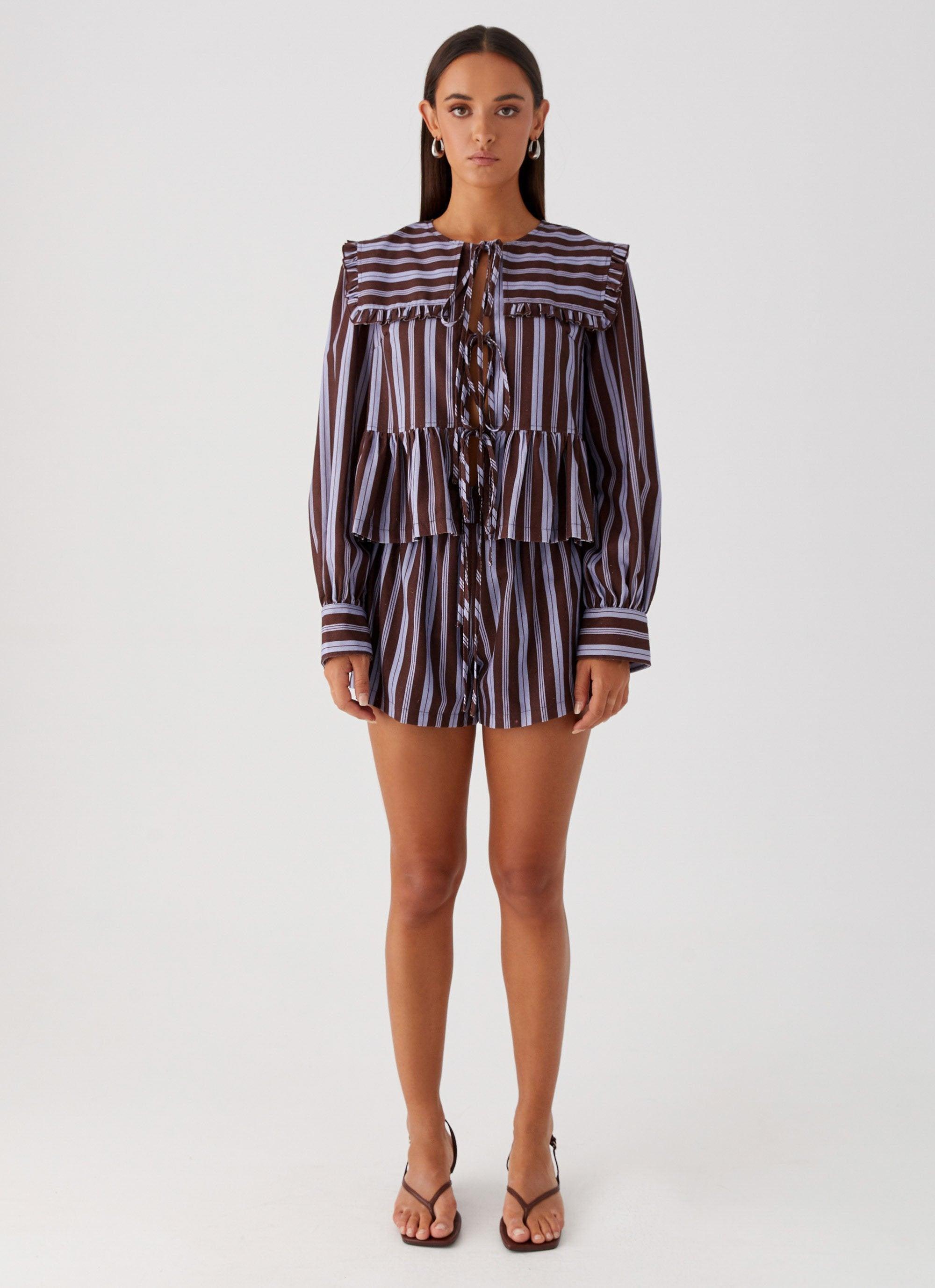 Emerson Tie Front Long Sleeve Top - Purple Brown Stripe Product Image