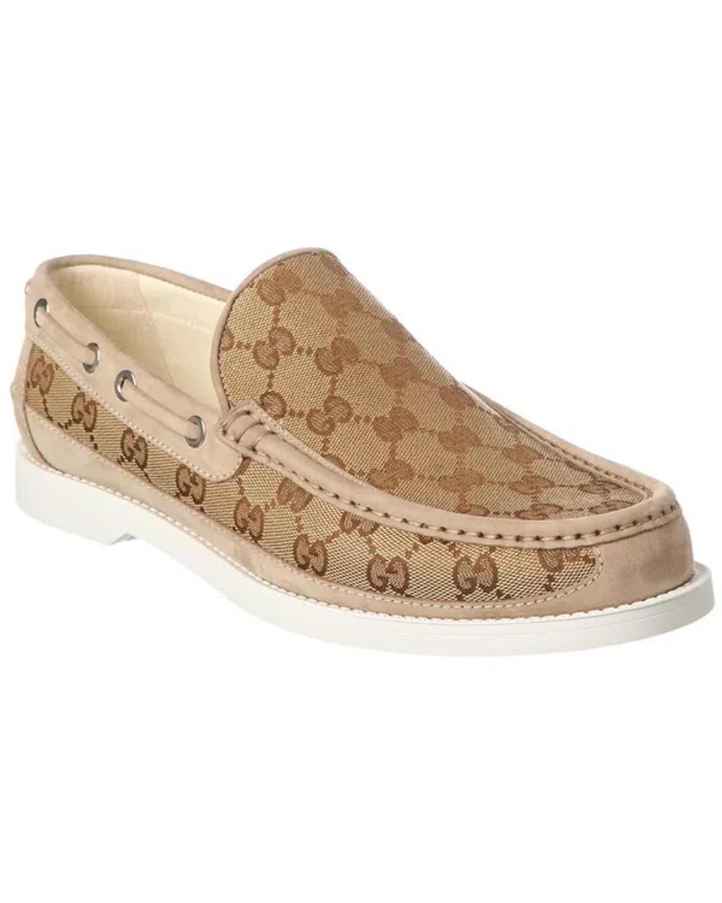 GUCCI Gg Canvas Leather Loafers In Beige Product Image