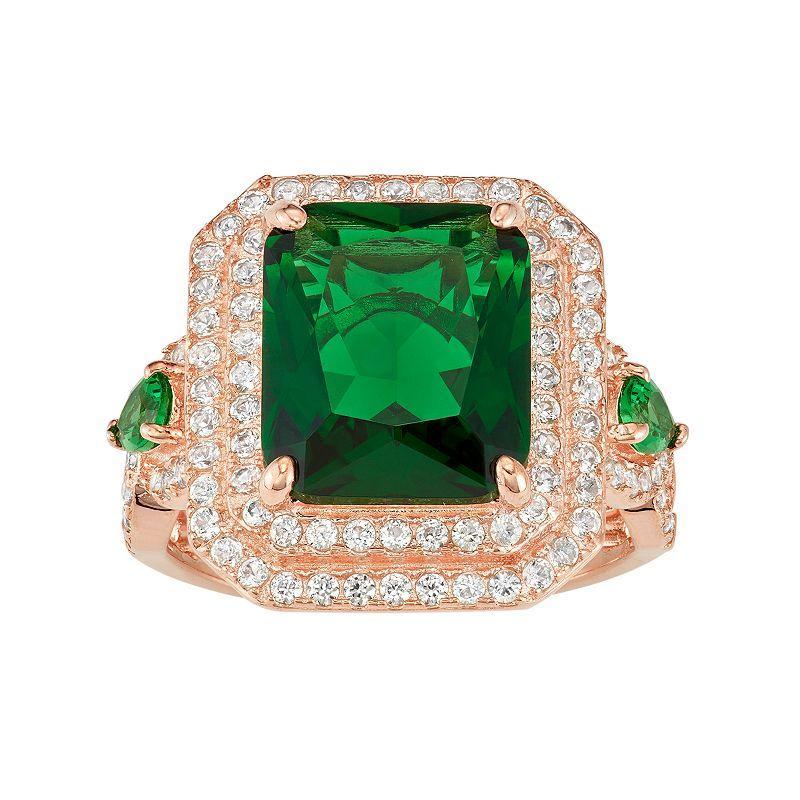 Designs by Gioelli 14k Rose Gold Over Silver Simulated Emerald & Lab-Created White Sapphire Halo Ring, Womens Sterling Product Image