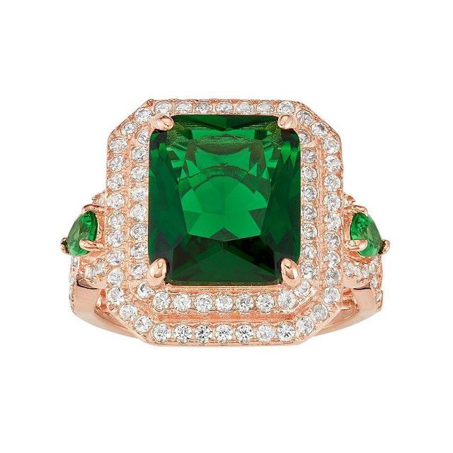 14k Rose Gold Over Silver Simulated Emerald & Lab-Created White Sapphire Halo Ring, Womens, Size: 6, Green Product Image