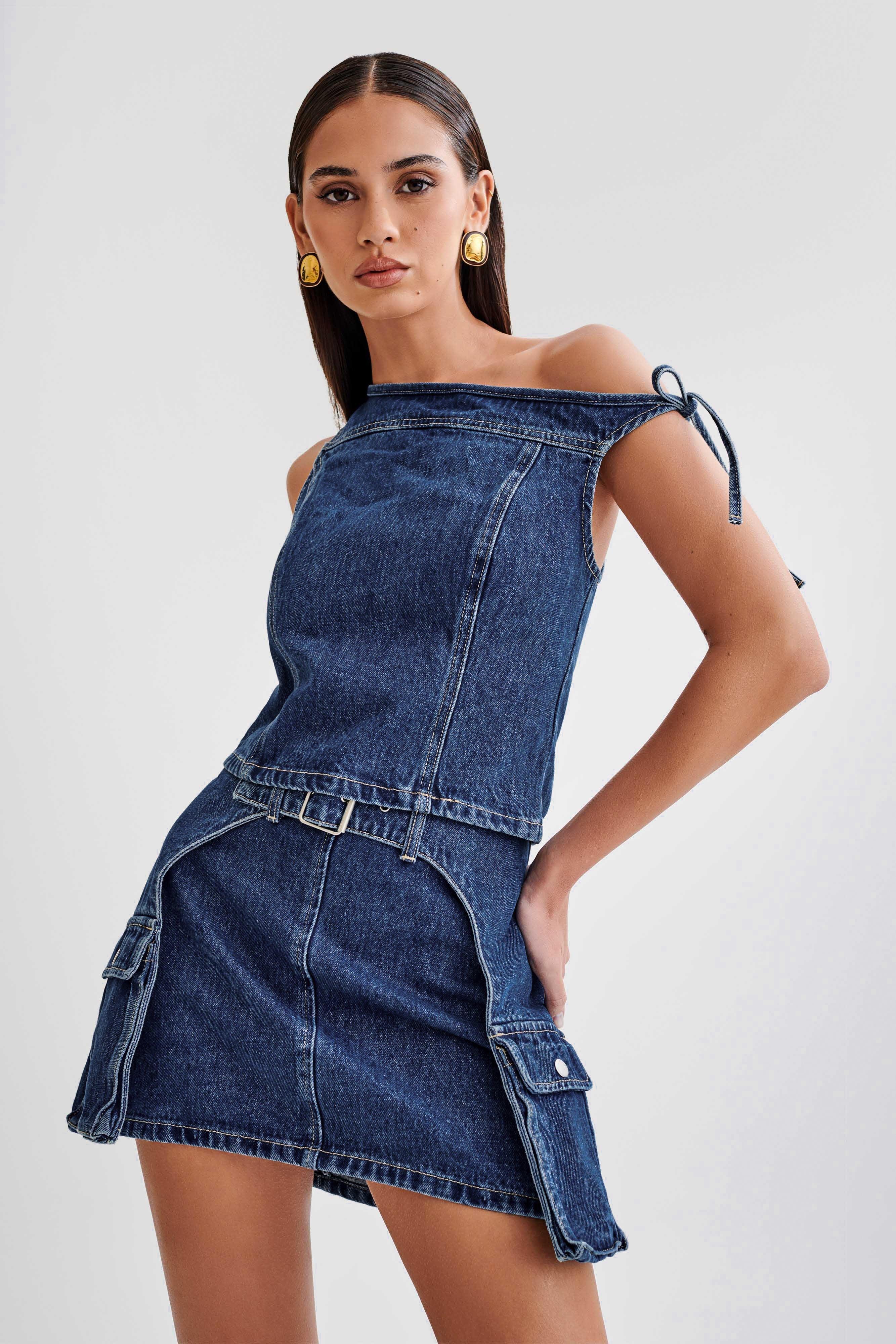 Ramsey Denim Off Shoulder Top - Dark Blue Product Image