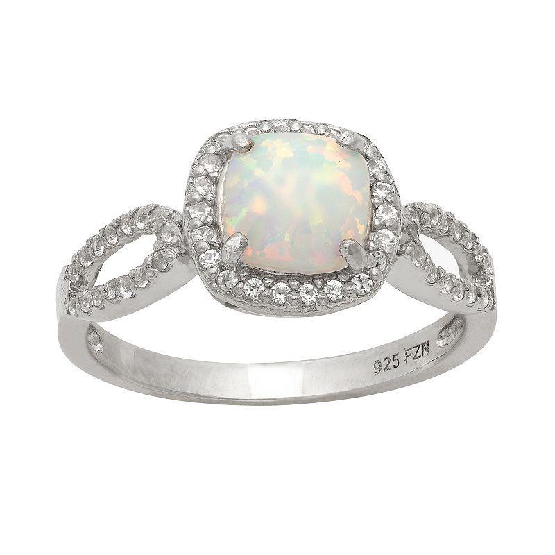 Sterling Silver Lab-Created Opal and Lab-Created White Sapphire Halo Ring, Womens, Size: 6, Multicolor Product Image