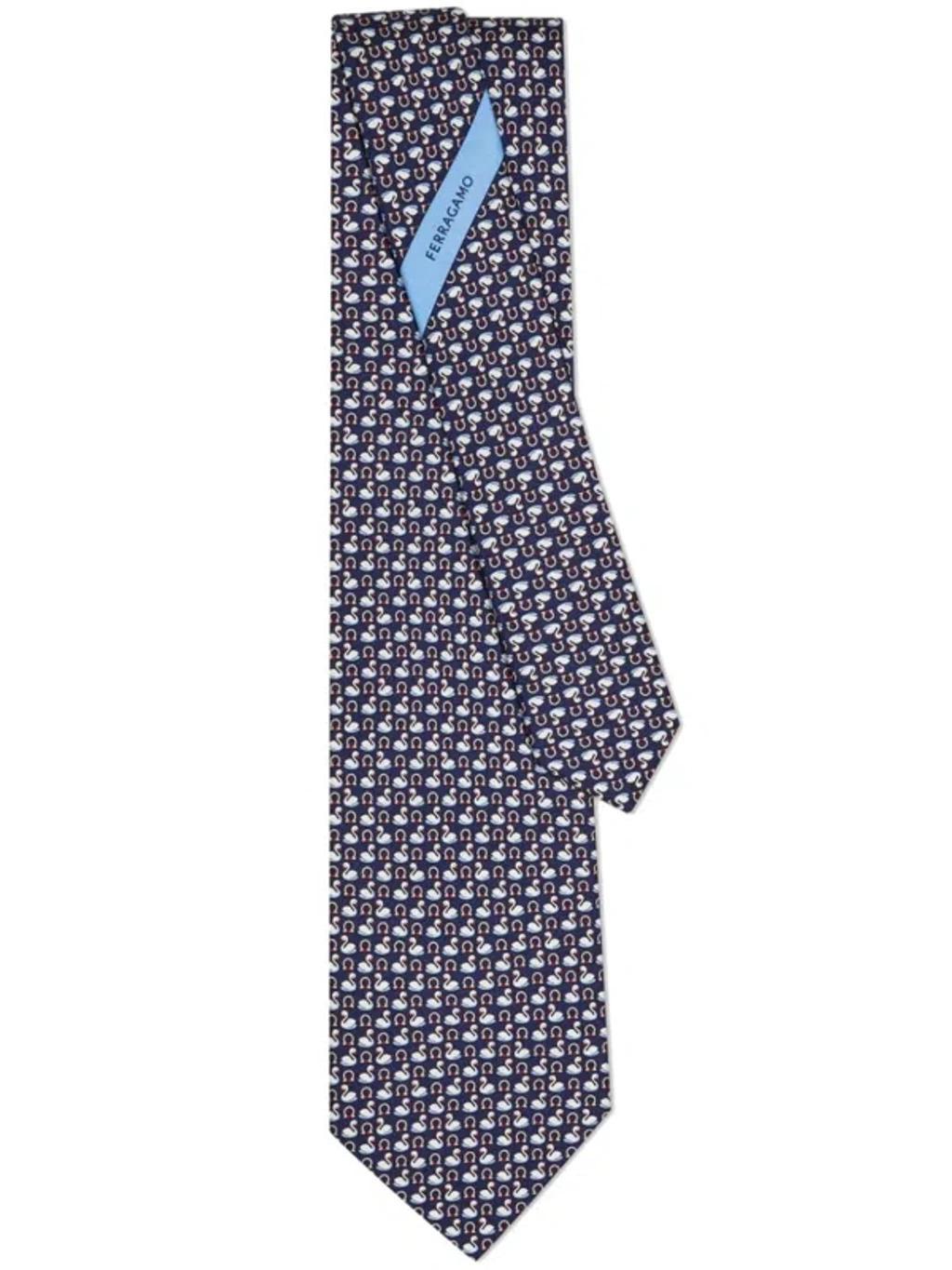 FERRAGAMO Swan-print Silk Tie In Blue Product Image