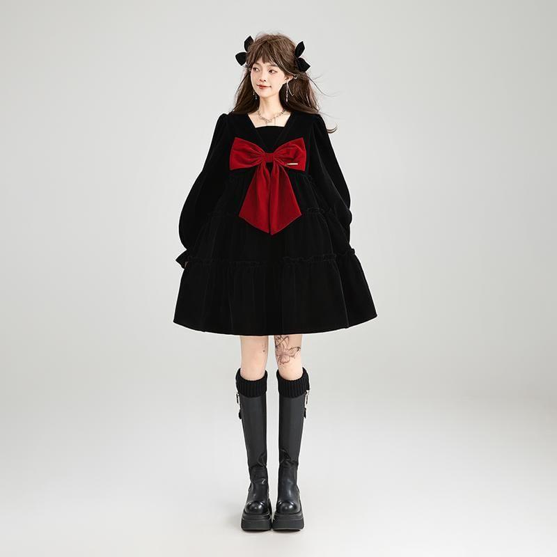 Long Sleeve  Square Neck Bow Velvet Mini A-Line Dress Product Image