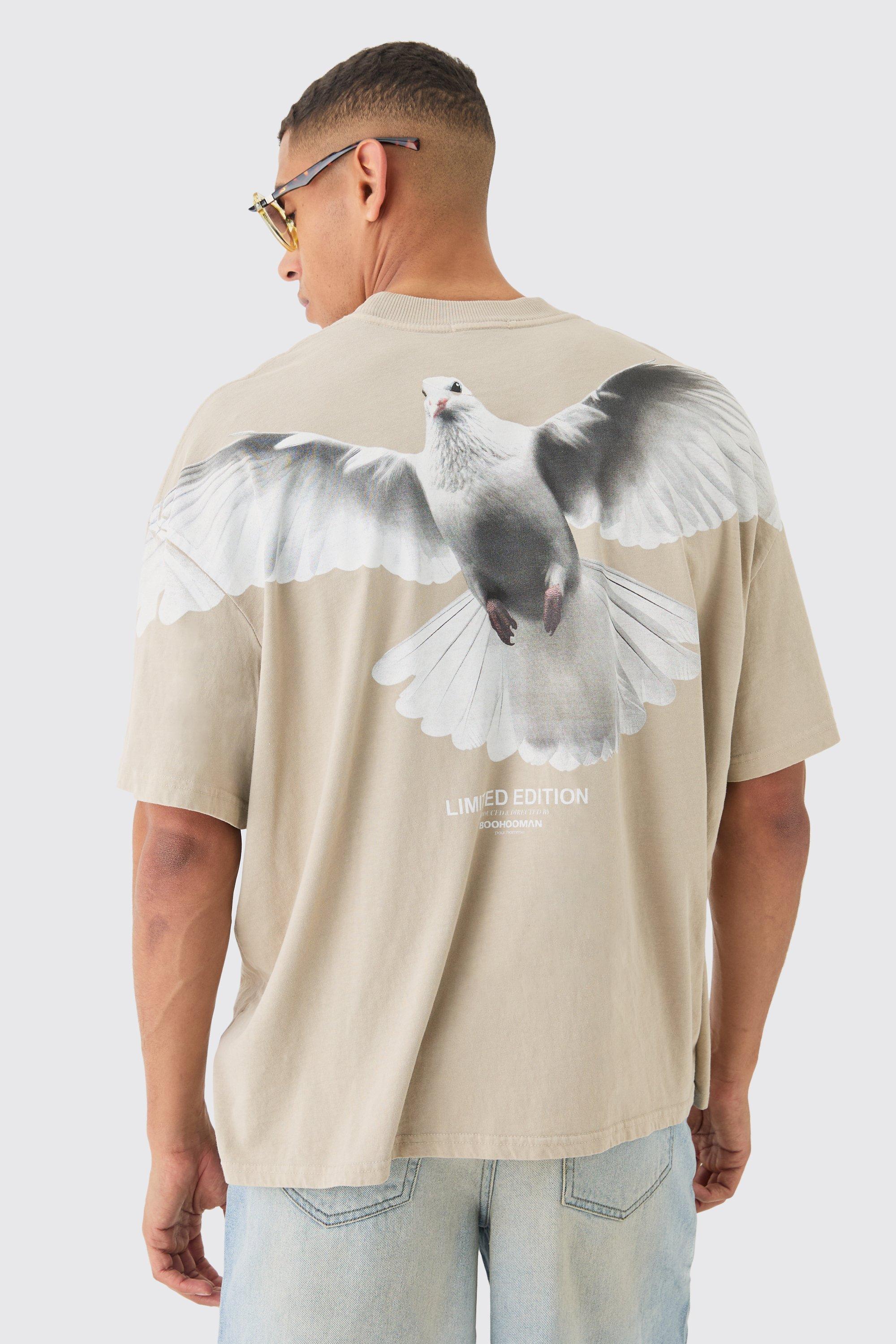 Mens Beige Oversized Large Scale Dove Graphic T-shirt, Beige Product Image