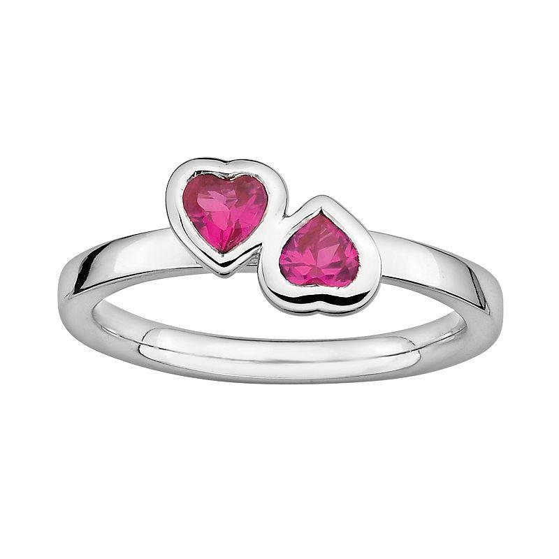 Stacks & Stones Sterling Silver Lab-Created Ruby Heart Stack Ring, Womens Product Image