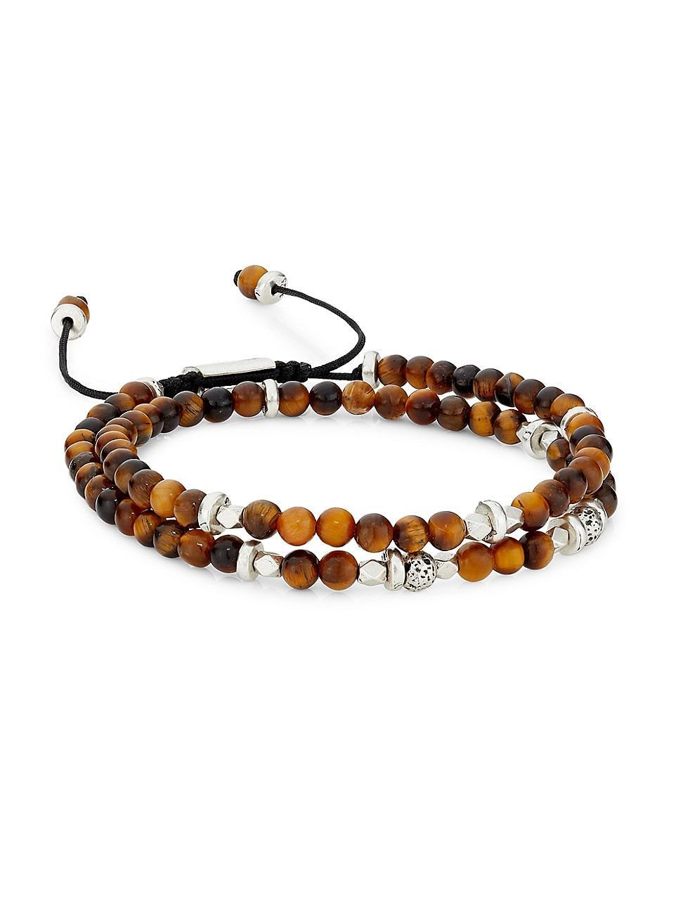 Mens Tigers Eye and Silver Double-Wrap Beaded Bracelet Product Image