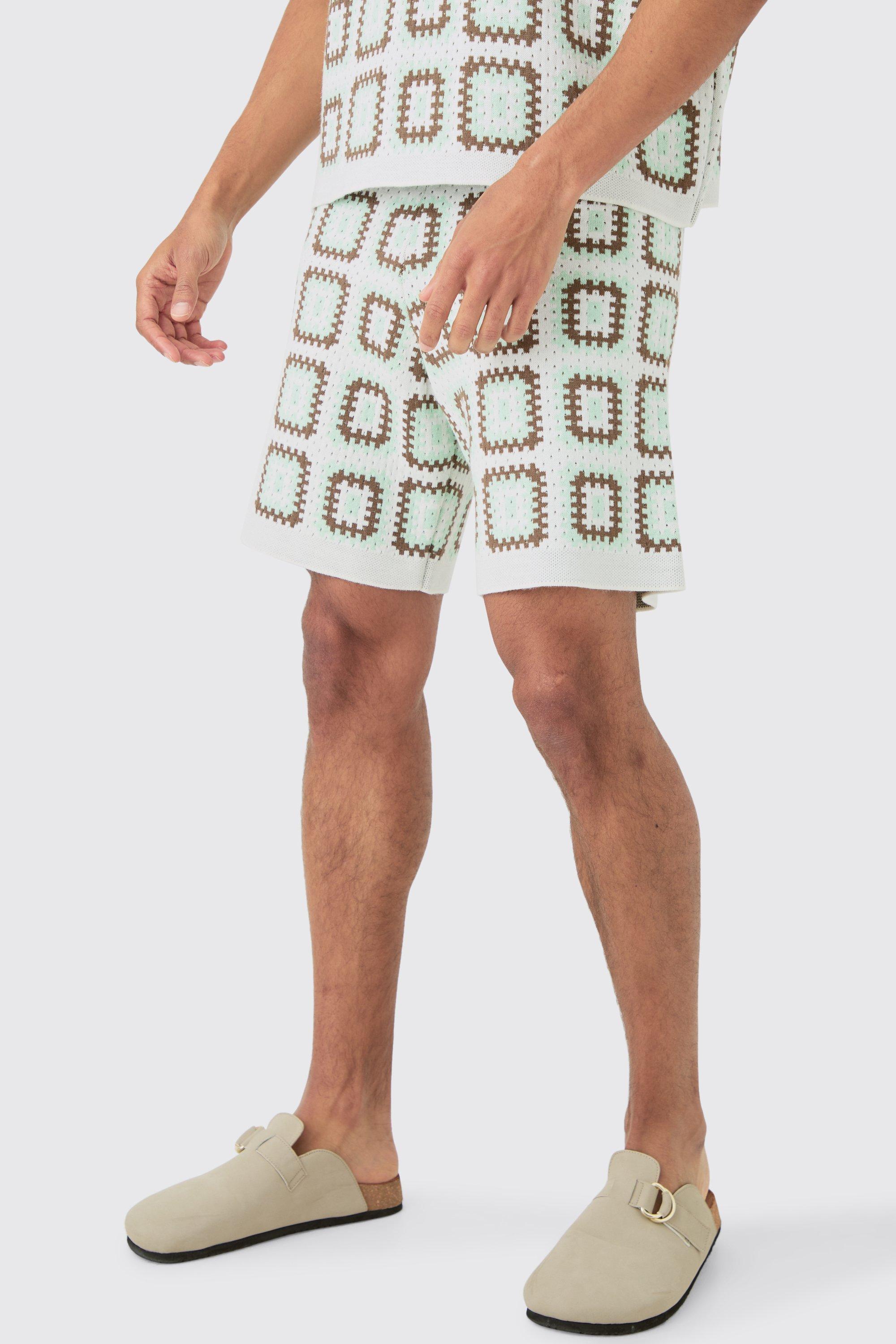 Mens Green Relaxed Crochet Knit Short, Green Product Image