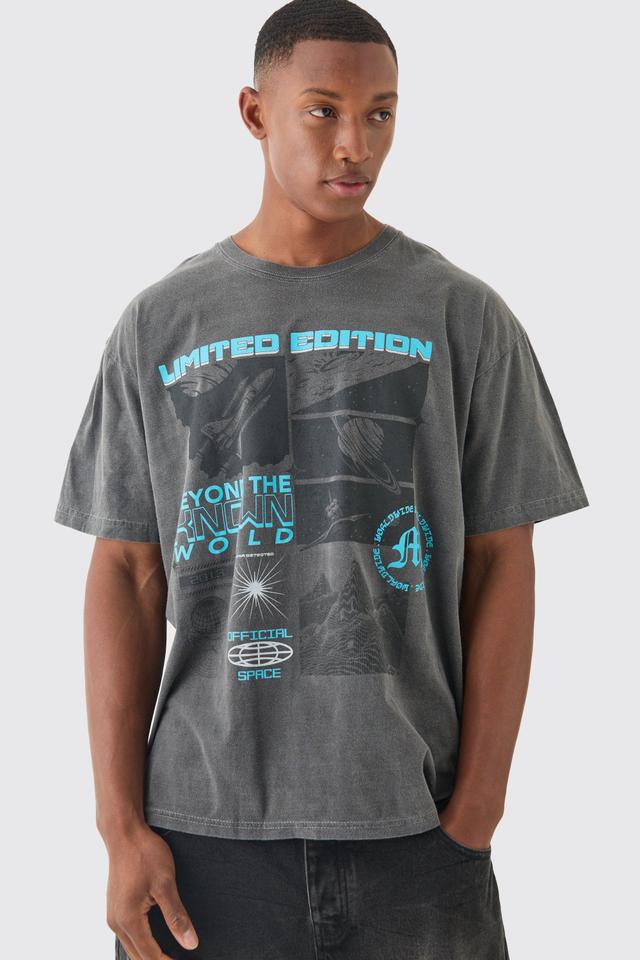 Mens Grey Oversized Wash Limited Edition Space T-shirt, Grey Product Image