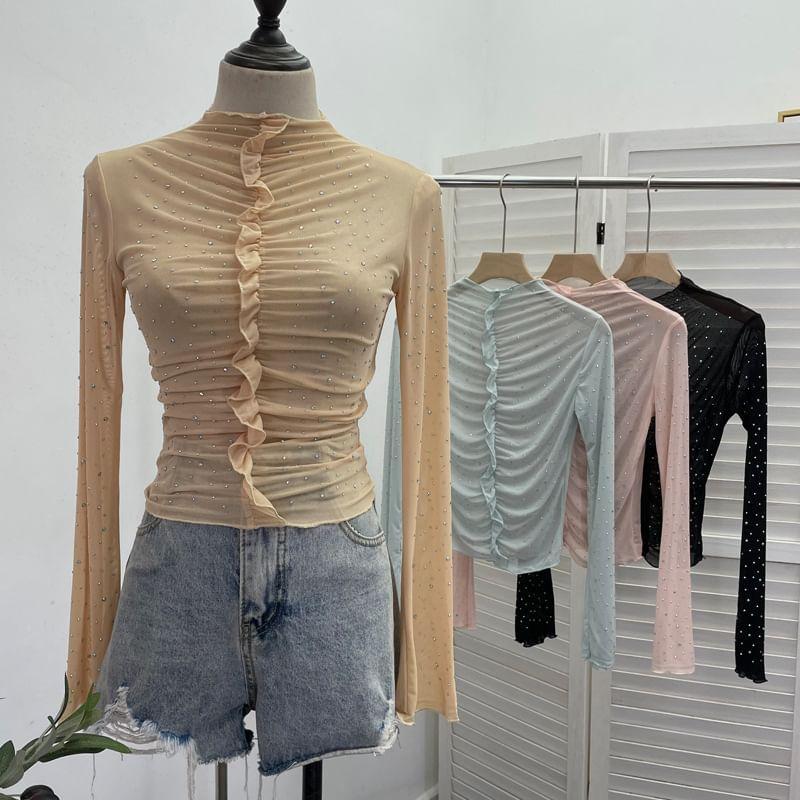 Long-Sleeve Mock Neck Mesh Plain Crop Top Product Image