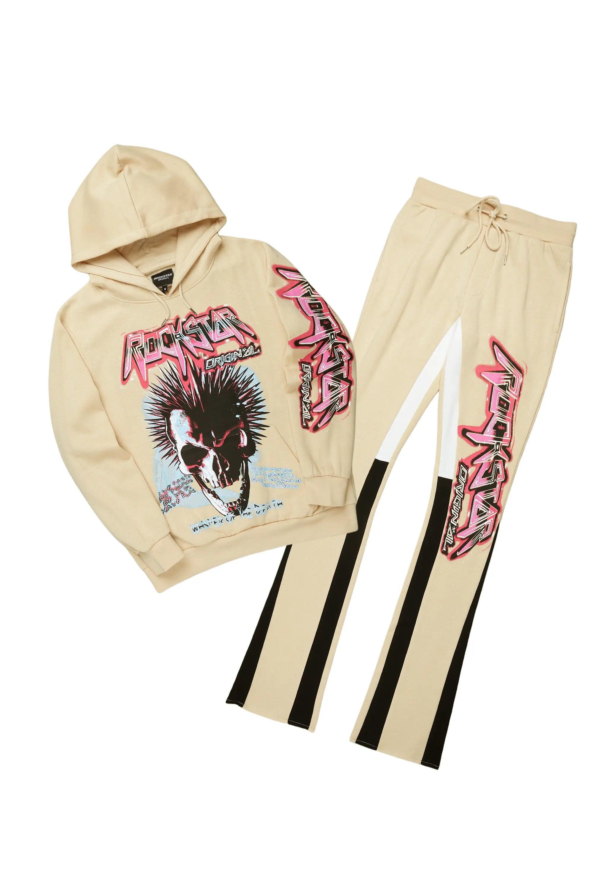 Obern Beige/Black Graphic Hoodie/Stacked Flare Pant Track Set Male Product Image