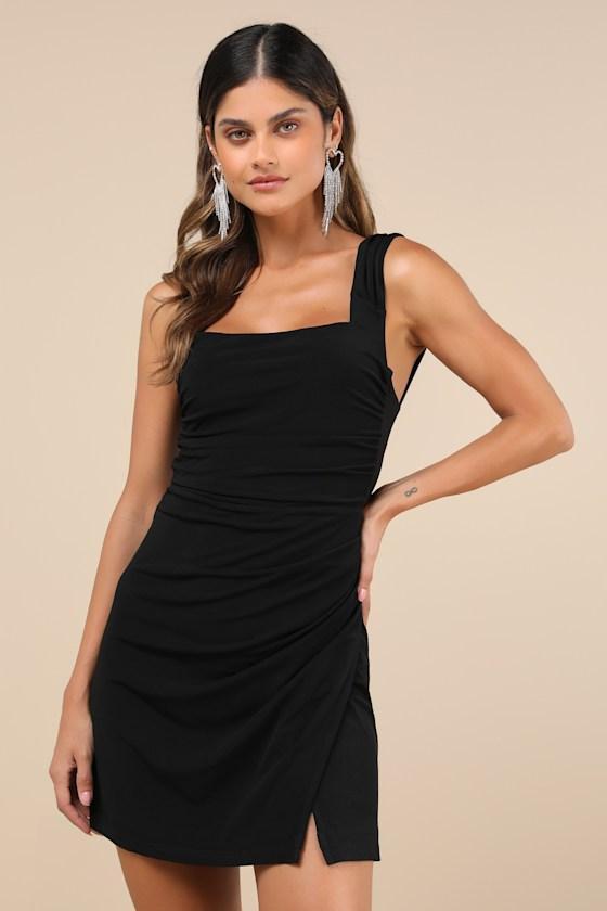 Sweetheart Glam Black Slinky Knit Tie-Back Mini Dress Product Image