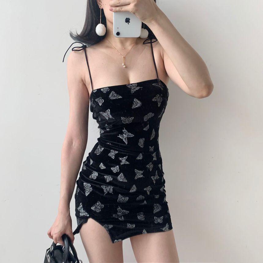 Spaghetti Strap Butterfly Print Slit Mini Bodycon Dress product image