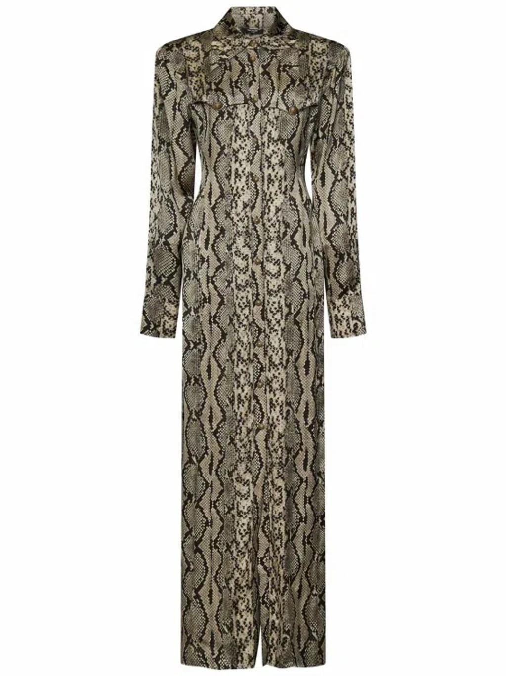 Long Brown Python-print Viscose Shirt Dress In Grey Product Image