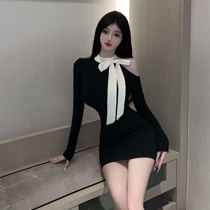 Long Sleeve Cold Shoulder Two Tone Bow Mini Sheath Dress Product Image