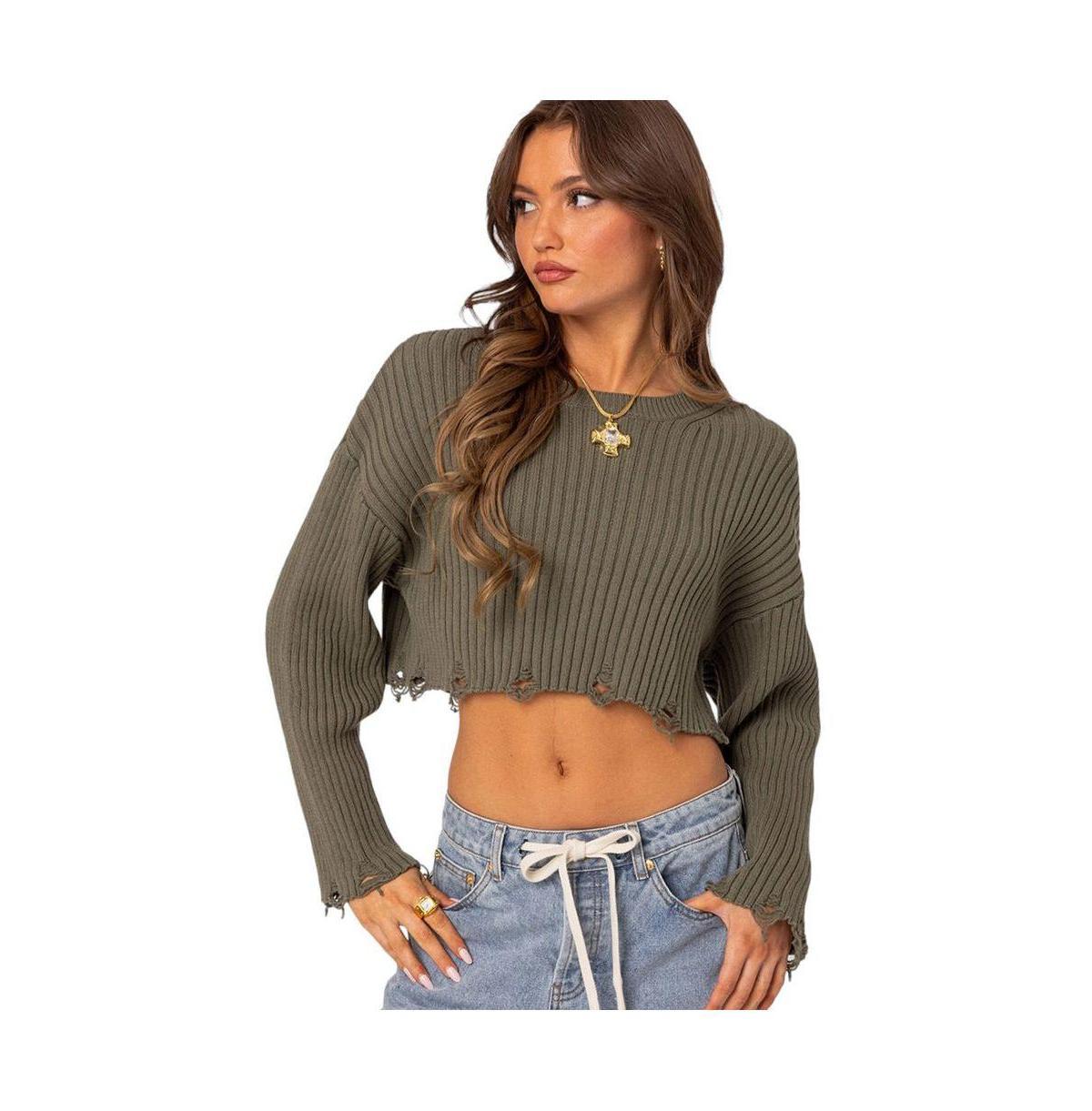 EDIKTED Oversize Distressed Rib Crop Sweater Product Image