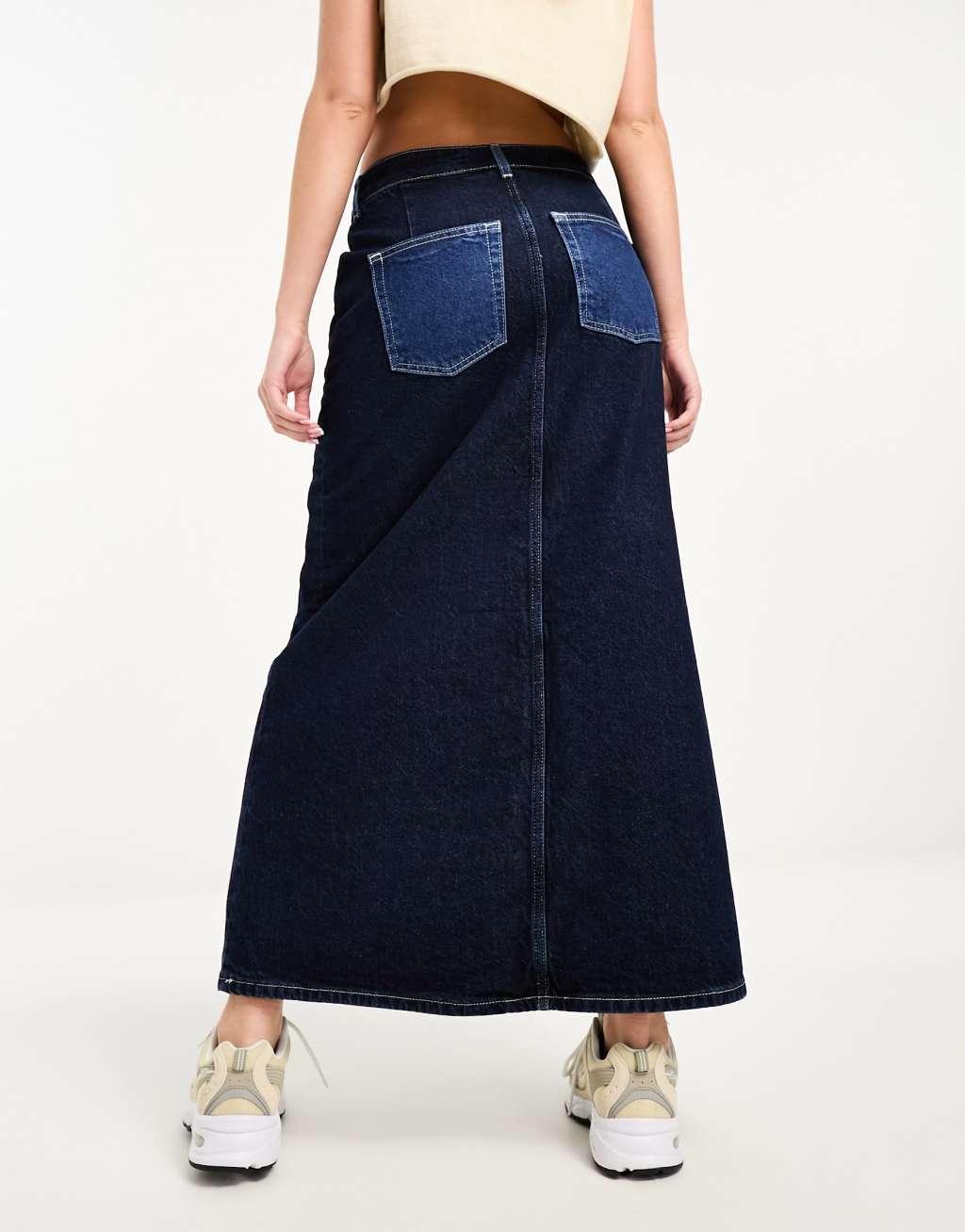 River Island patchwork denim maxi skirt Product Image