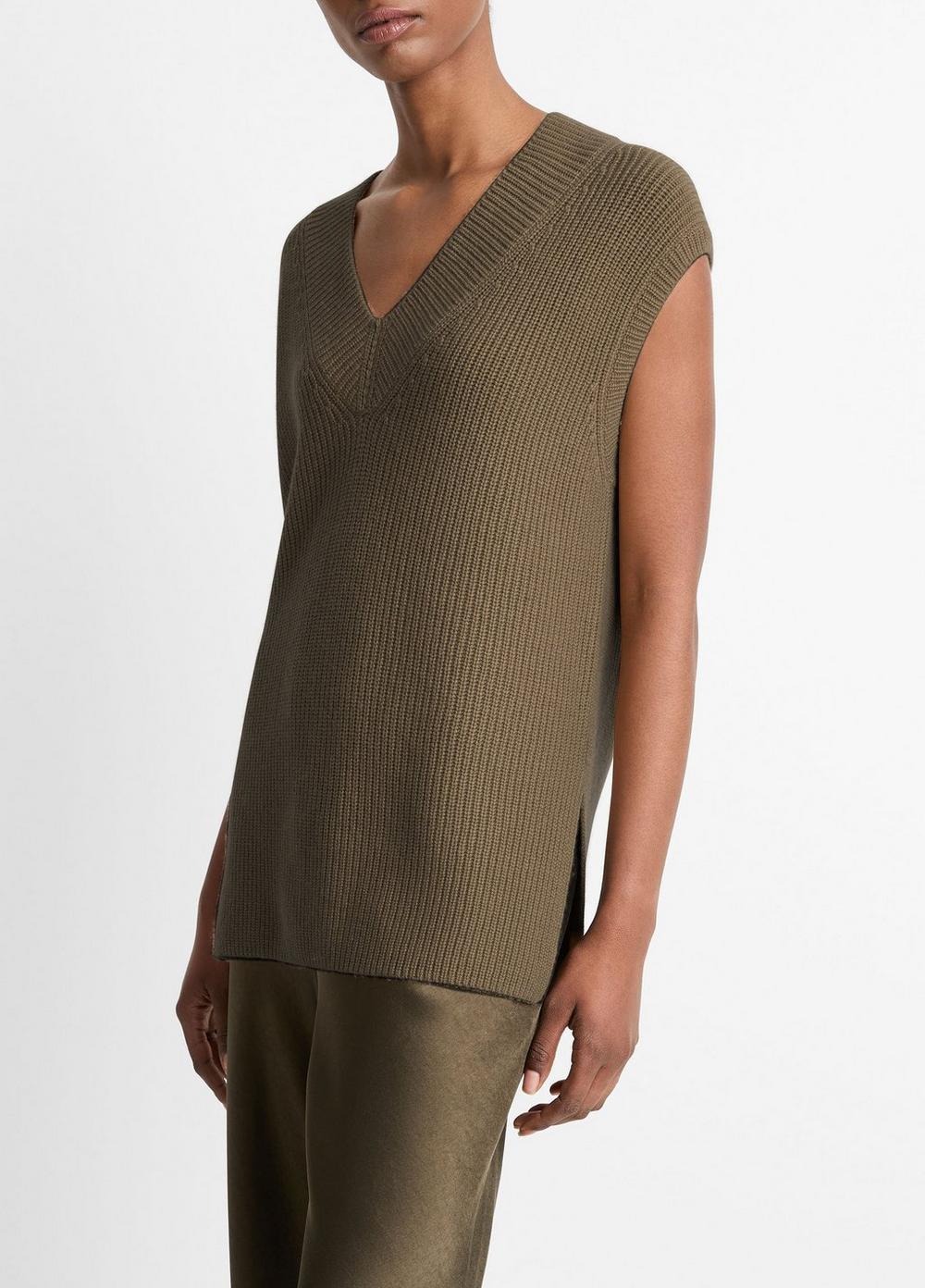 Womens Ribbed Wool-Cashmere V-Neck Sweater Vest, Vine, Size XL Vince Product Image