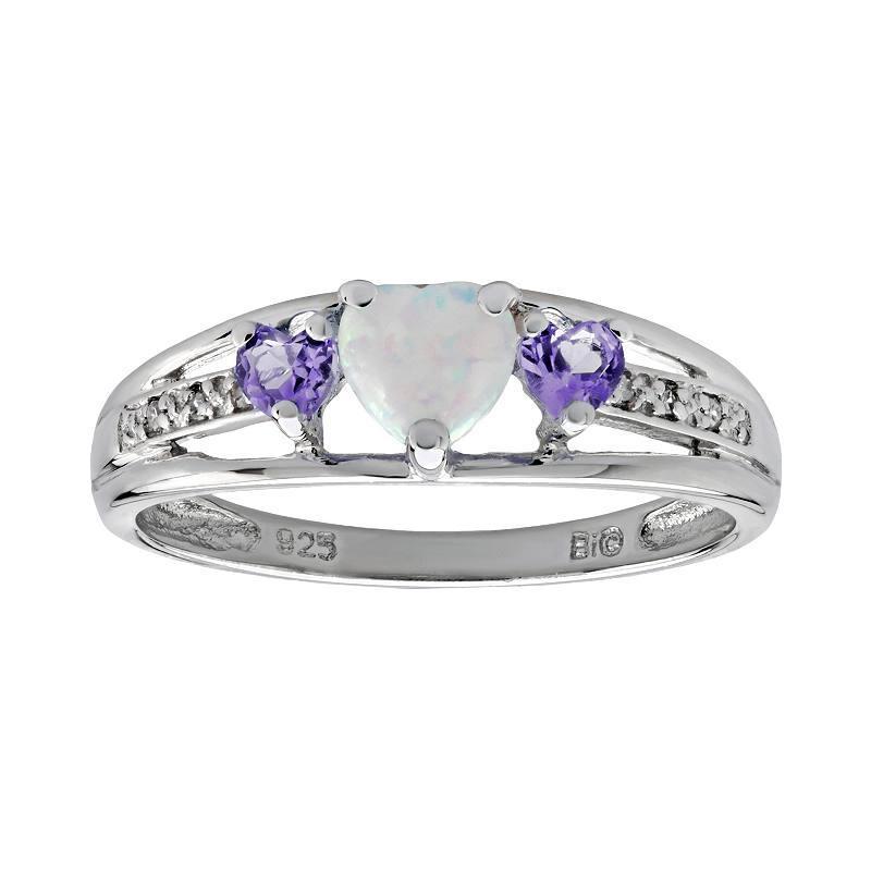 Gemminded Sterling Silver Lab-Created Opal, Amethyst and Diamond Accent Heart 3-Stone Ring, Womens Purple Product Image