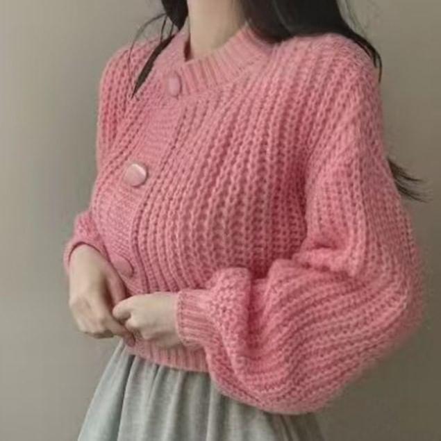 Plain Button-Up Chunky Knit Cardigan Product Image