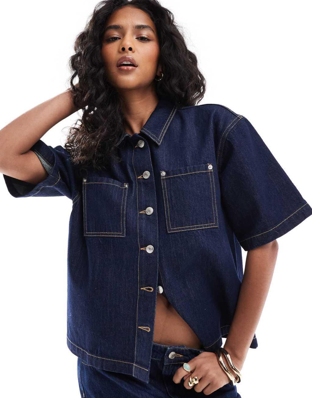 ASOS DESIGN denim boxy shirt in indigo Product Image