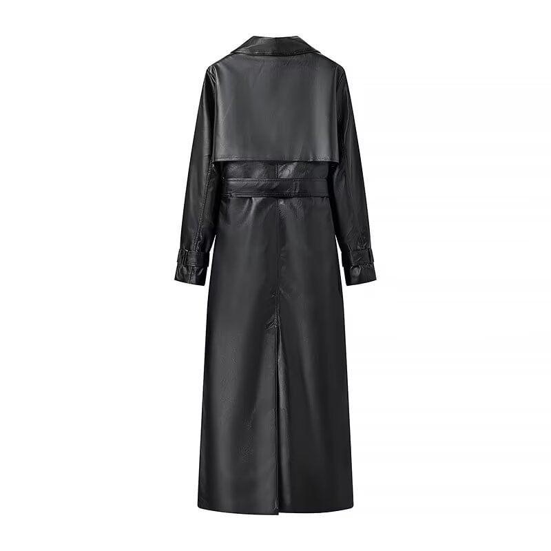 Lapel Collar Plain Faux Leather Midi Single-Breasted Trench Coat Product Image