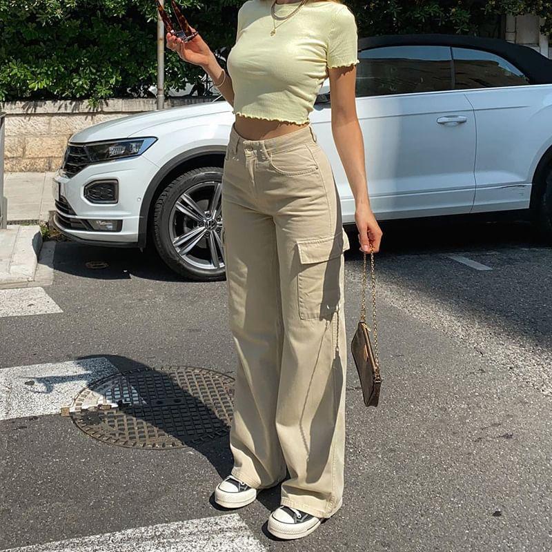 High Waist Pocket Straight-Fit Wide-Leg Cargo Pants Product Image