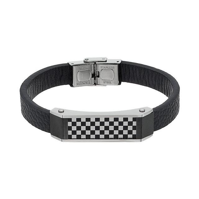 Mens Stainless Steel & Black Leather Checkerboard Bracelet Product Image