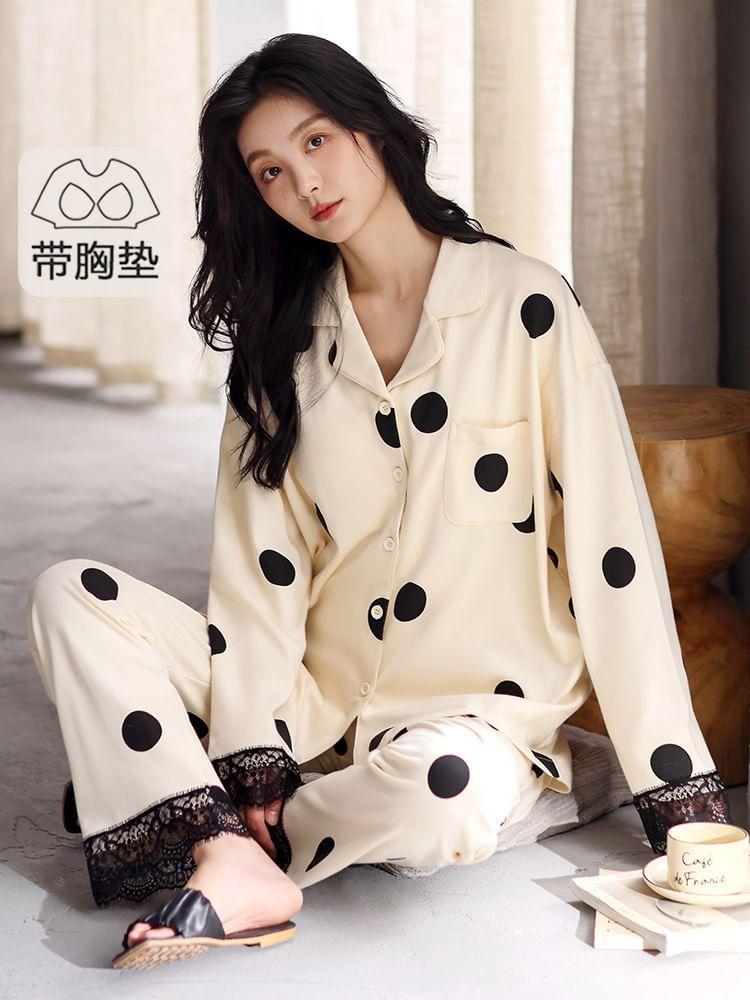 Pajama Set : Lace Panel Polka Dot Padded Button-Up Shirt + Pants Product Image