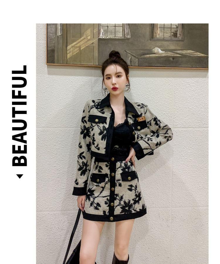 Set: Collared Jacquard Button-Up Crop Jacket + Mini Skirt Product Image