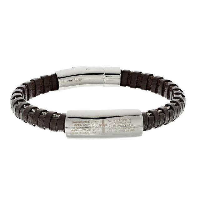 1913 Mens Brown Leather & Stainless Steel The Lords Prayer Bracelet Product Image