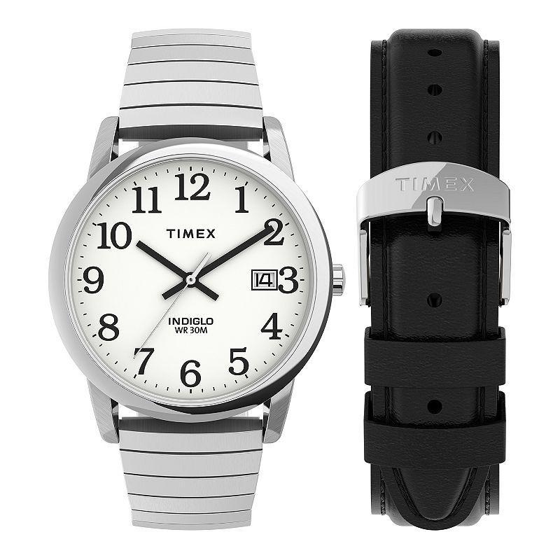 Timex Easy Reader Mens Expansion Band Watch & Leather Strap Box Set - TWG025400JT Silver Tone Product Image