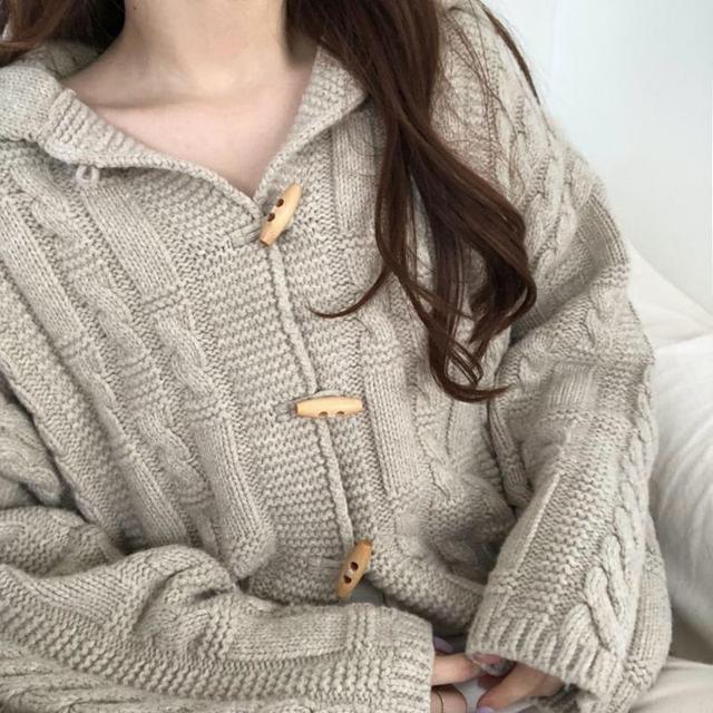 Sailor Collar Plain Cable Knit Toggle Cardigan Product Image