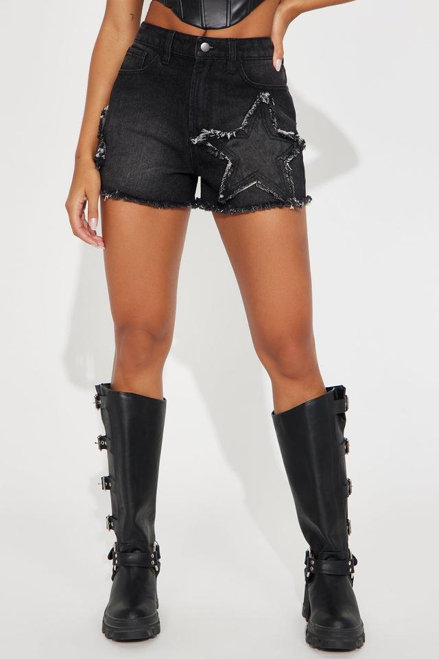 Burning Bright Star Patch Denim Shorts - Black Wash Product Image