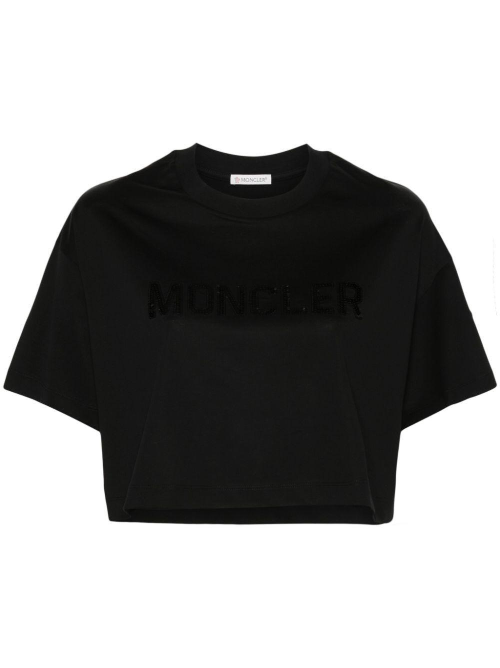 MONCLER Sequin-logo Cropped T-shirt In Black Product Image