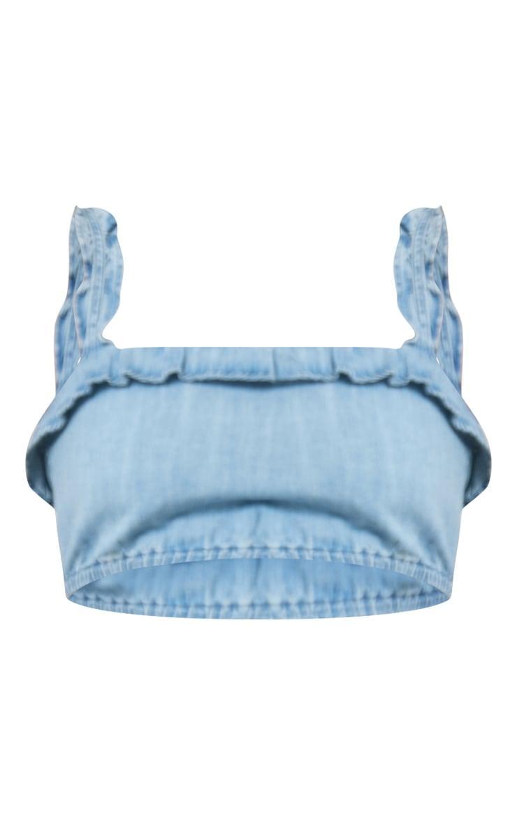 Light Blue Elasticated Hem Ruffle Lightweight Chambray Denim Top Product Image