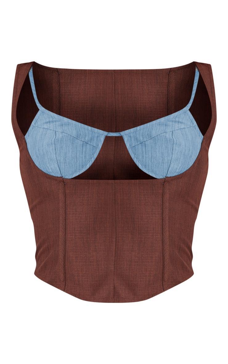 Brown Linen Color Block Cup Detail Boned Corset Top Product Image