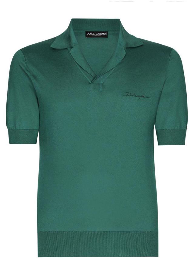 Logo-embroidered Silk Polo Shirt In Green Product Image