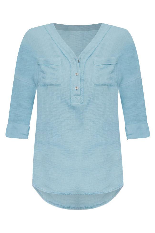 Unique Role Teal Pocketed Henley Gauze Blouse FINAL SALE Product Image