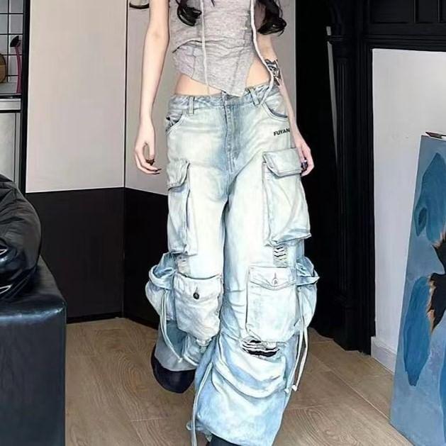 Low Waist Washed Ripped Wide Leg Cargo Jeans Product Image